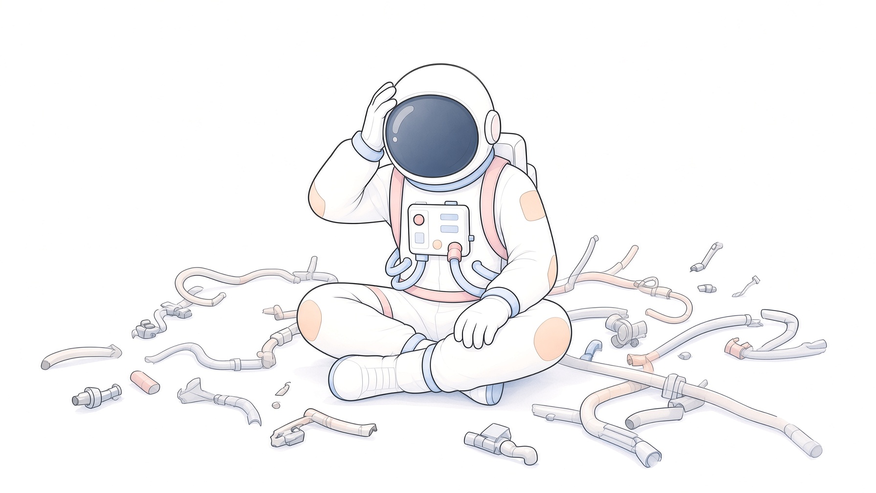 An astronaut seated on the ground, working on a small device