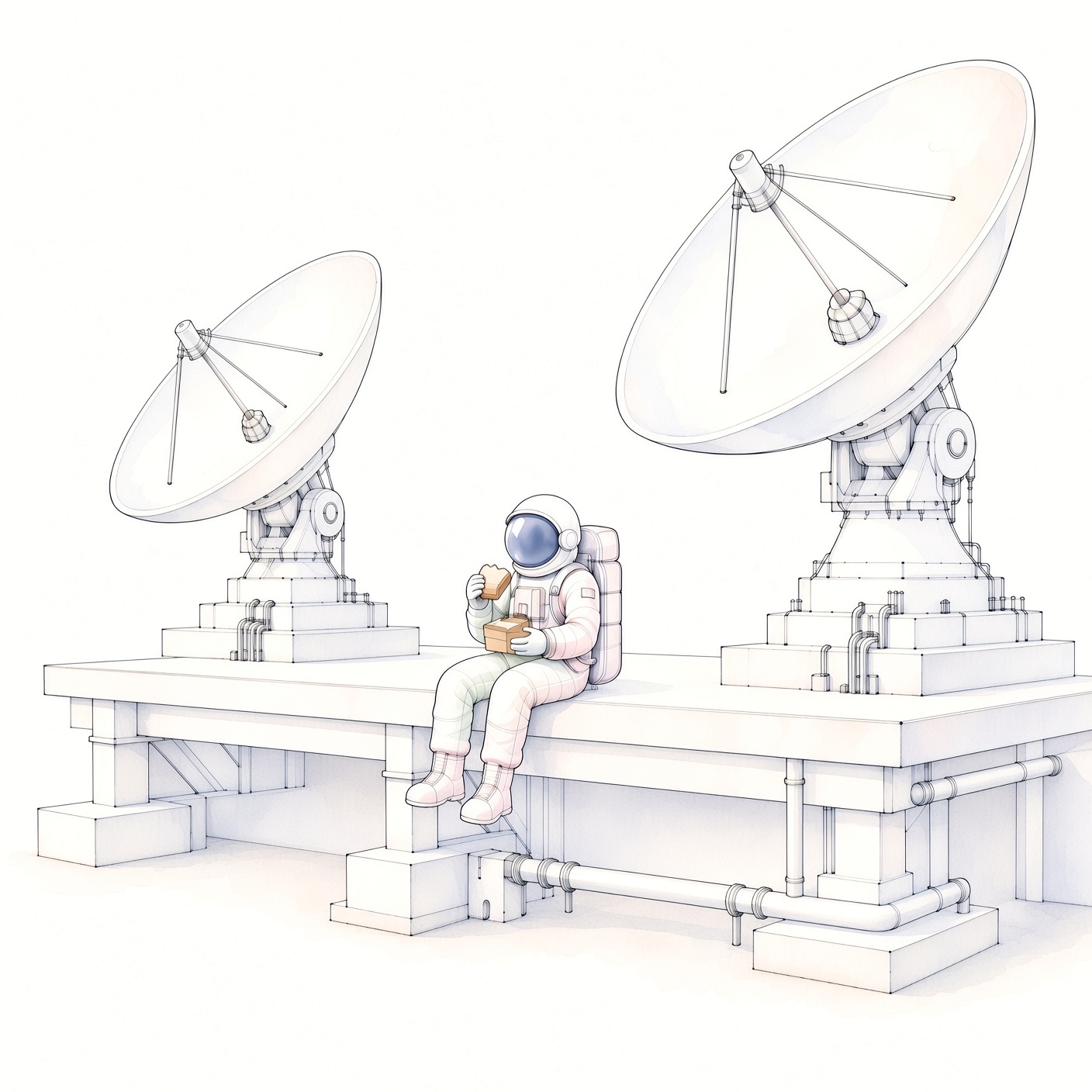 An astronaut sitting on a bench eating lunch, pencil and watercolor