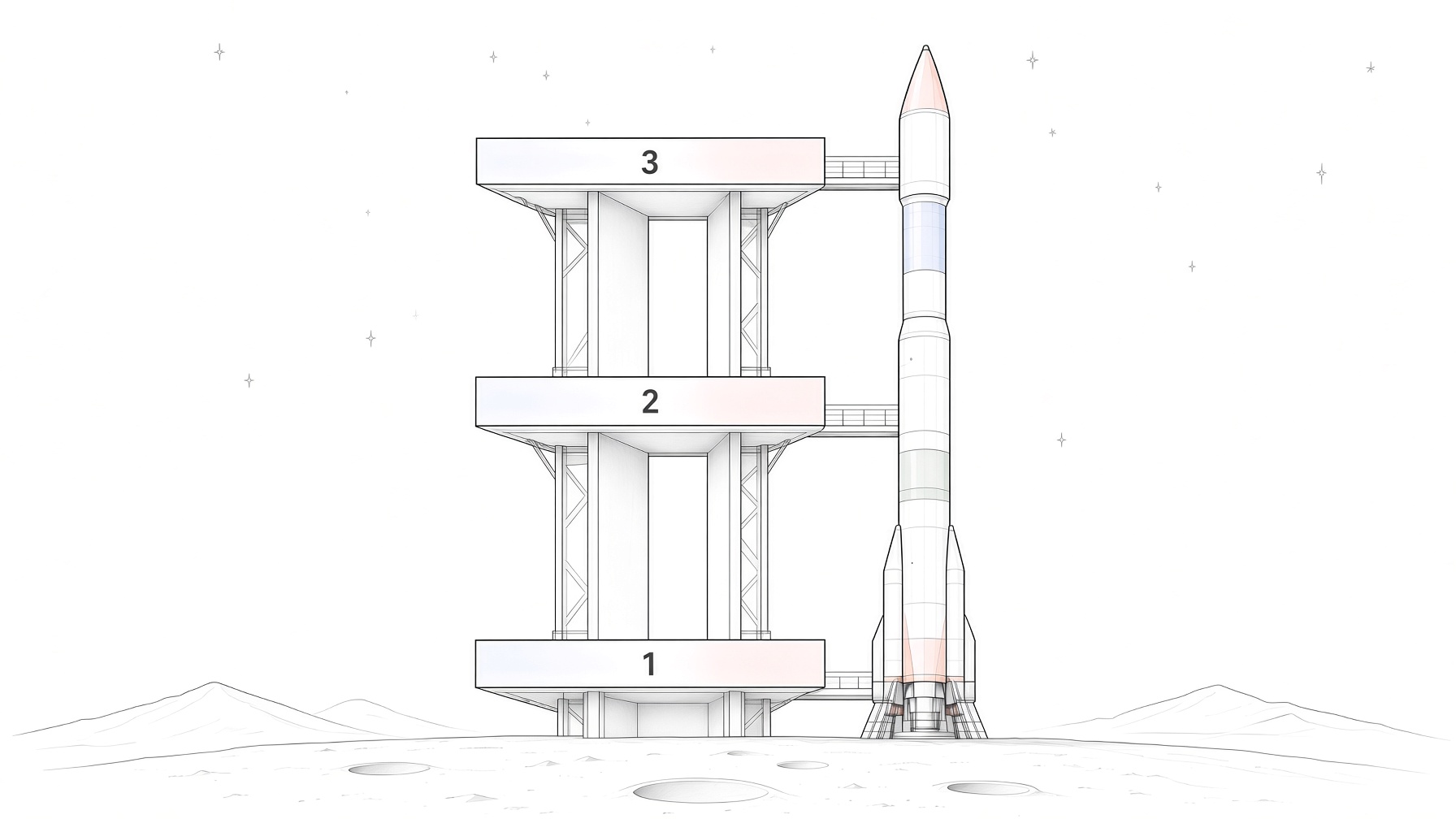 A launch tower with a rocket, drawn in pencil and watercolor