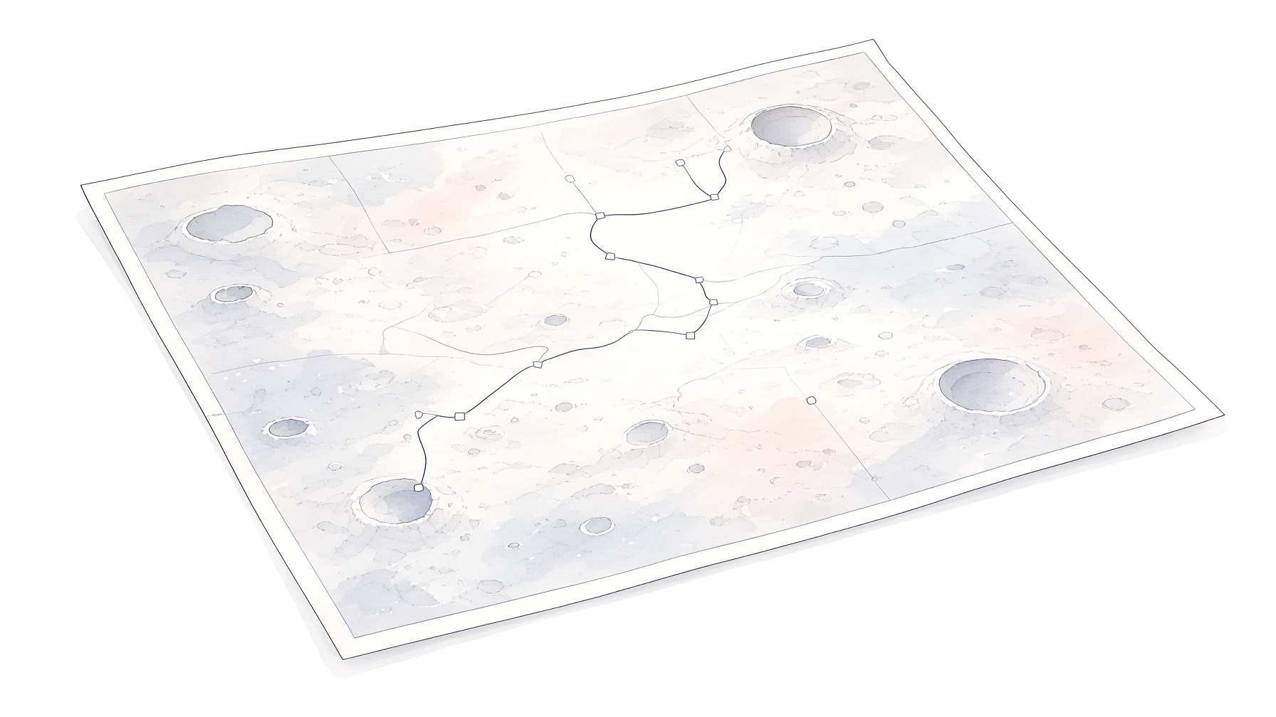 A hand-drawn map with a route marked across it