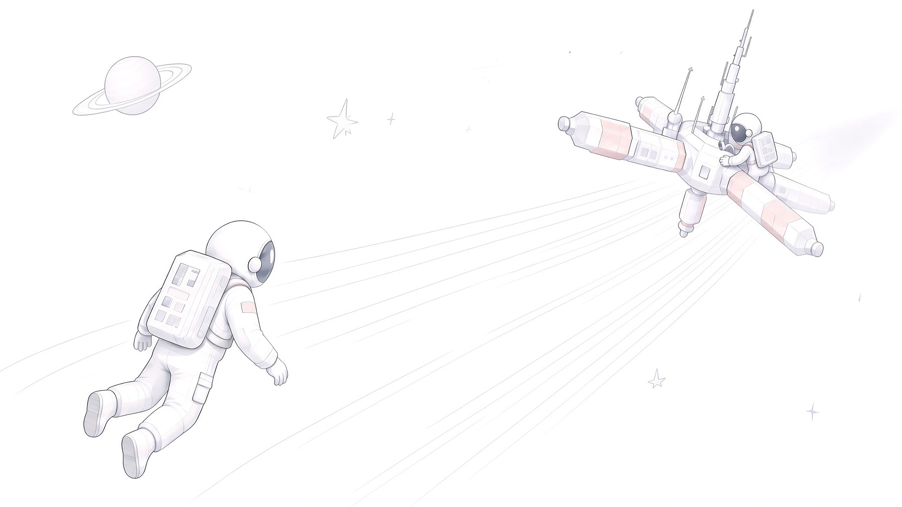 Pencil and watercolor drawing of an astronaut drifting toward a rocket in flight